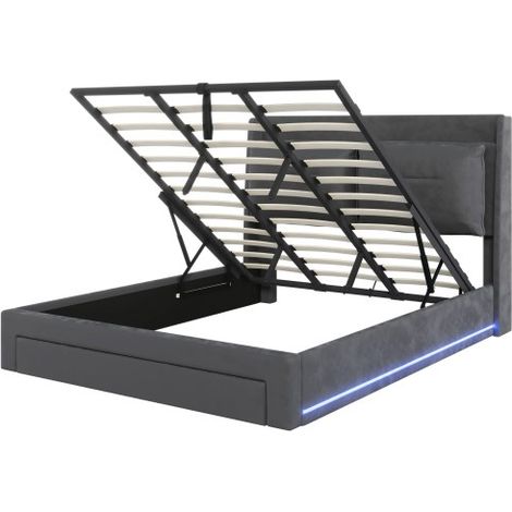 Gepolstertes LED-Bett, mit Hydrauliklift, 2-in-1-Schubladen am Fußende, integrierte LED-Lichtleisten auf beiden Seiten, Lattenrost, Matratze nicht im Lieferumfang enthalten, Samt-Optik (1/5)