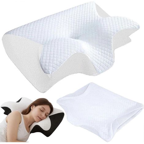 Oreiller cervical orthopédique mousse à mémoire de forme ergonomique, housse blanc, soutien latéral dorsal et abdominal (1/5)