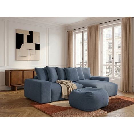 BOBOCHIC - Canapé d'angle fixe réversible VOLTAIRE tissu chiné avec pouf Bleu foncé (1/5)