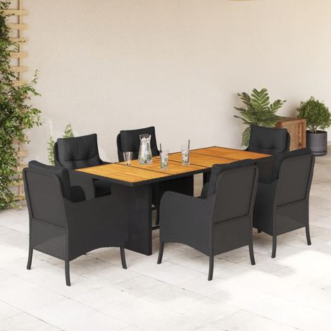 Ensemble repas de jardin 7 pièces avec coussins, résine tressée noire et table en bois - PANGIVO (1/5)