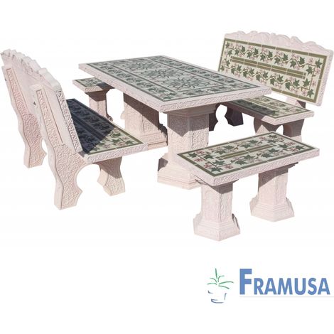 CONJUNTO COMEDOR PIEDRA RECTANGULAR JARDIN MORESCO ZAHAR SALMON