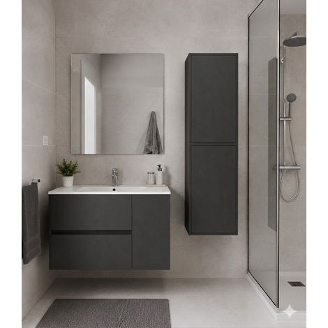Mobile Bagno HEIMDALL Già Montato 2 cassetti e porta, lavabo e specchio Grafite 80x40 cm con colonna