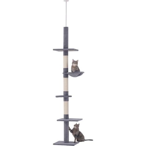 Arbre chat du sol au plafond poteau à griffer L40 x l 34 x H 230-260 cm 5 niveaux d'activités gris (1/5)