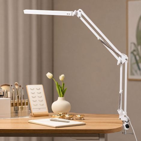 Lampe de bureau LED à pince, bras articulé pliable, réglable en luminosité et température, éclairage doux anti-éblouissement, idéal pour lecture (1/4)