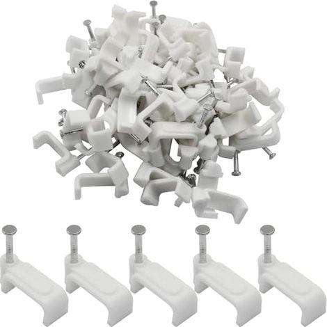 Lot de 100 clips câble plats 14 mm, muraux blancs pour câbles Ethernet, coaxial, fil haut-parleur, clous Ethernet plat Cat8, Cat7 blanc 14mm (1/5)