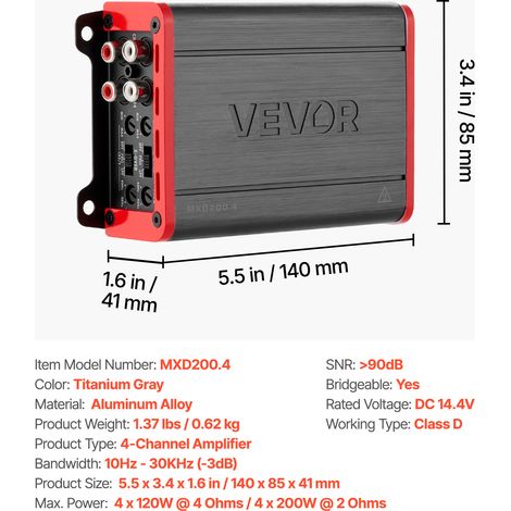 VEVOR Car Audio Amplifier, 4-Channel Bridgeable Car Amplifier, Multichannel Class D Stereo Amp, Max. 4 x 120W at 4 Ohms / 4 x 200W at 2 Ohms, High Output, for SUVs, Pickups, and Off-Road Vehicles (1/4)