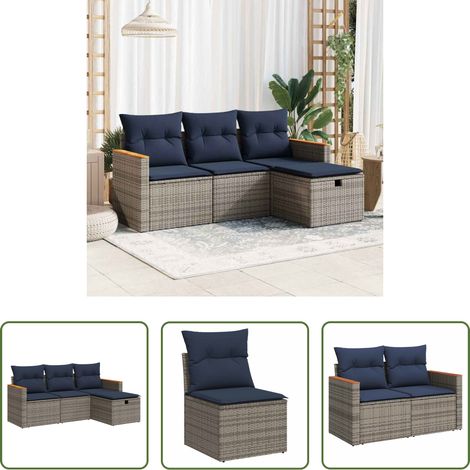 Canapé extérieur - Salon de jardin 4 pcs avec coussins gris résine tressée (1/5)