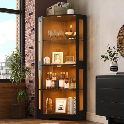 Mueble vitrina de esquina de vidrio 40 x 40 x 165 cm con LED, negro HAVRYA (1/5)