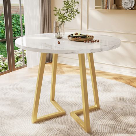 Mesa de comedor redonda 80x80x75 cm blanca en MDF y metal con efecto mármol y patas regulables (1/5)