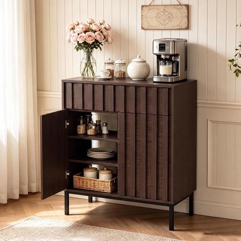 UEV Credenza Cucina con Cassetto e 2 Ante con Doghe a Legno, Mobiletto Salvaspazio con 3 Ripiani, Mobile Dispensa Cucina Stabili Gambe Metallica, 88 x 70 x 37 cm, Marrone (1/5)