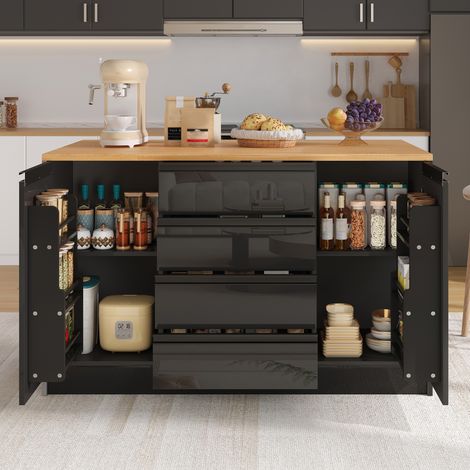 Îlot de cuisine à plan rabattable, 140 x 80 x 90 cm, MDF noir et naturel, REDOM (1/5)