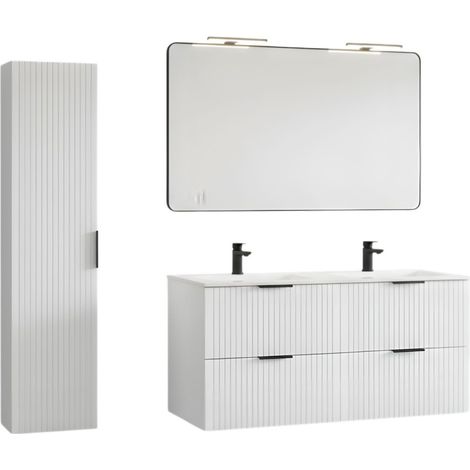 Conjunto de baño NOXERA 120 cm - Mueble bajo lavabo suspendido blanco alpino con doble lavabo empotrado, espejo LED y co