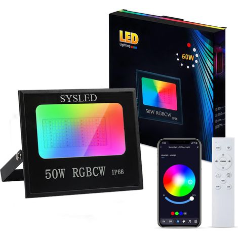 Sysled – Projecteur LED RGBCW intelligent 50W – Contrôle via smartphone et télécommande – Réagit à la musique – Ambiance personnalisable