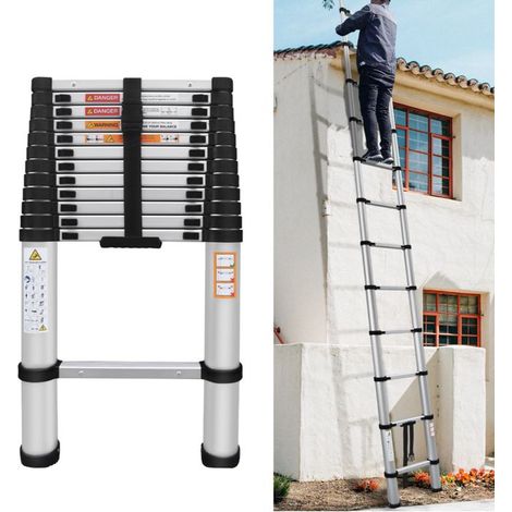 Silver straight ladder 5m, durable aluminum structure, 12 steps, weight 12kg for domestic/professional use.