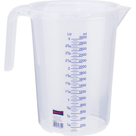 Gobelet doseur 3L avec couvercle, incassable et sans danger pour les aliments (PP), poignée ouverte, 2 échelles, transparent (1/3)