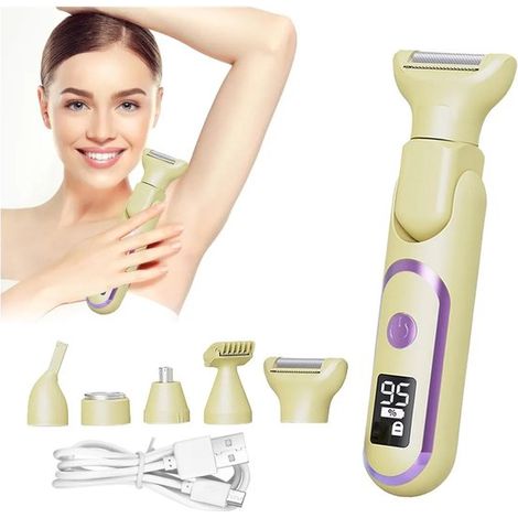 Épilateur 5-en-1 pour femmes – Rasoir électrique rechargeable – Étanche – Visage, jambes, corps – 17x5 cm – Jaune (1/5)