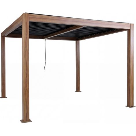 [NEUWERTIG] Pergola HHG-682, Gartenpavillon Lamellen-Pavillon, 10cm-Aluminium-Gestell, Regenrinne sturmfest, 3x3m Holzoptik