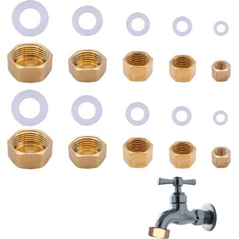 10 tappi filettati in ottone per tubo flessibile - 2 x 1/8, 2 x 1/4, 2 x 3/8, 2 x 1/2, 2 x 3/4 di pollice, esagonali con 10 rondelle di tenuta, rondella di finitura, da giardino (1/5)