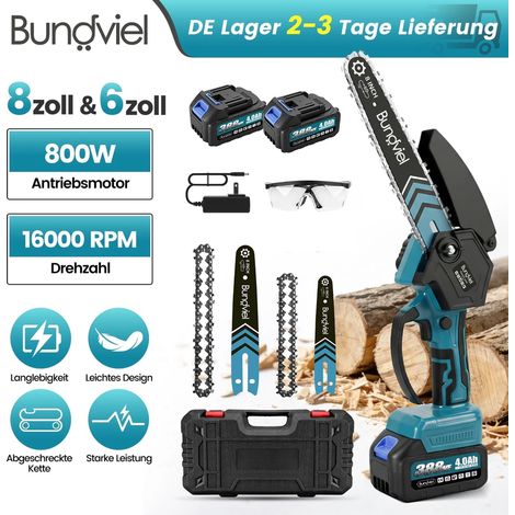 Akku-Kettensäge, bürstenlose 21 V Kettensäge, 6/8-Zoll-Kettensäge, 8000 mAh Kettensäge, Mini-Akku-Kettensäge, 2 Ketten, 2 Kettenführungen (1/5)