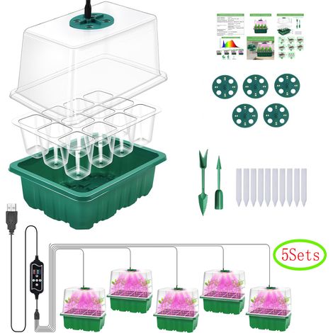 Nouveau kit de mini-serre 5 pièces avec lumière solaire à spectre complet, plateau de culture d'intérieur avec couvercle et ventilation, 10 étiquettes, 2 outils (1/5)