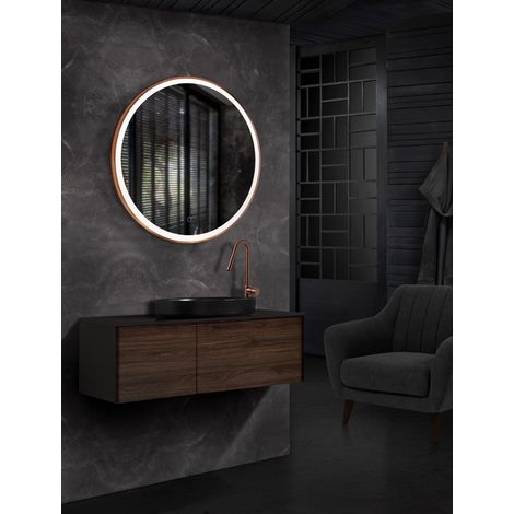 Miroir avec lumière LED pour salle de bain, chambre, dressing - éclairage frontal triled double capteur antibuée Ø70 cm or rose brossé (1/5)