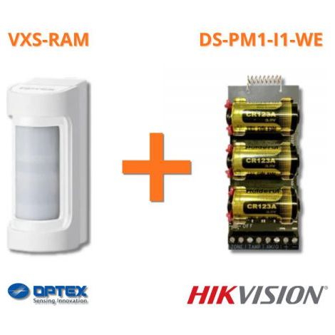 Optex sensore esterno wireless doppio PIR 12m 90° + Hikvision DS-PM1-I1-WE - VXS-RAM (W)