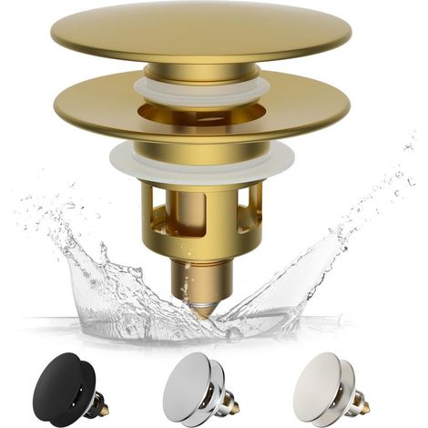 Bouchon Lavabo Salle de Bain avec Filtre de Drain, Universel à Noyau en Laiton à Pousser, Bouchon Baignoire Remplacement,25-46mm - Or Brossé (1/5)