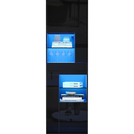 Vitrine d'exposition 55 x 38 x 170 cm, meuble haut avec 1 tiroir et 4 placards, vitrine en verre avec LED, design brillant, meuble de salon, vitrine, présentoir, noir (1/5)