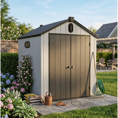 Casetta da giardino 187x240x221 cm, con grondaia integrata, apertura porta a 180 gradi, pareti rinforzate, resina grigio bianco (1/5)