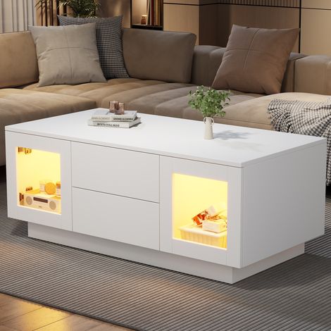Mesa de centro 100x50x40 cm de MDF blanco con LED RGB y almacenaje para salón – MEUBLIV (1/5)