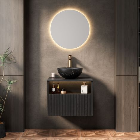 Mobile lavabo sospeso moderno 60 cm nero con lavabo in ceramica, 1 cassetto, vano a giorno e luce LED sensore