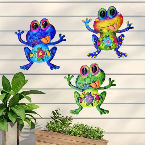 Ornement mural grenouille en fer forgé (3 pièces) - Décoration de jardin colorée de 20 cm (1/5)