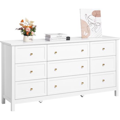 Kommode mit 9 Schubladen, Holzkommode mit Schiebe- und Kippschutz, minimalistischer Retro-Schubladenschrank TV-Ständer, Organizer für Wohnzimmer Schlafzimmer Eingangsbereich (weiß) (1/5)