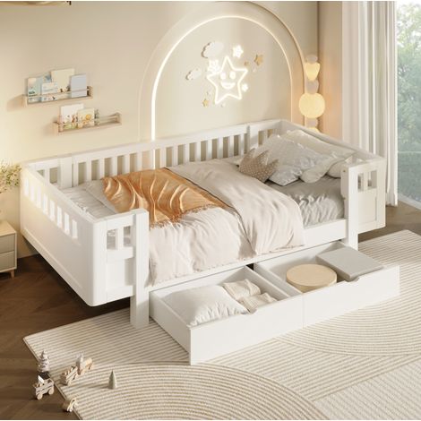 Cama plataforma infantil 90x200 cm, con barrera protectora alta, dos cajones, madera maciza y MDF, blanca (1/5)