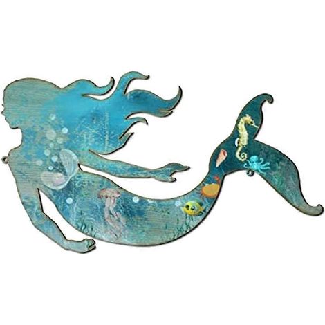 Décoration murale sirène en métal, style rustique, à suspendre. Sculpture sirène élégante en métal bleu, 22 cm. (1/5)