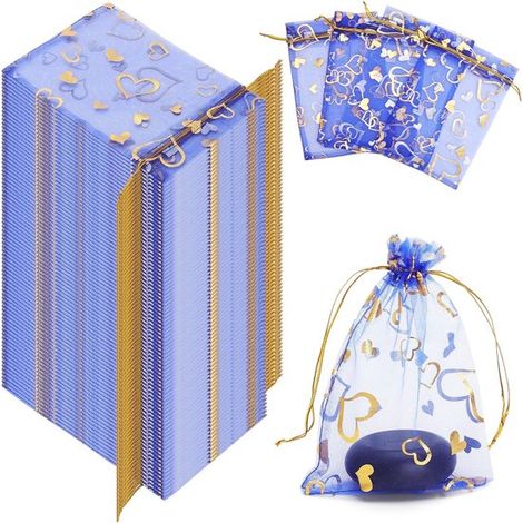 100er Packung mit Netzgewebe Beutel mit Kordelzug blaue Organza Geschenktüten mit Herzmuster Dankestüten für Hochzeiten Süßigkeitentüten Schmuckb (1/5)