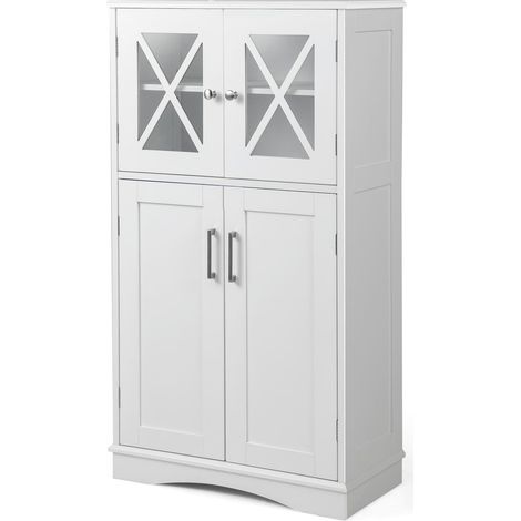 Costway – Colonne de salle de bain 4 portes vitrées – Armoire haute 60 x 30 x 108 cm – 3 étagères réglables en MDF – Fixation murale sécurisée (1/5)