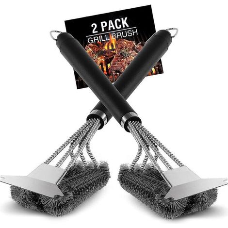 Spazzola per barbecue in acciaio inossidabile, confezione da 2 spazzole con raschietto integrato per una pulizia efficace di griglie e piastre da cucina.