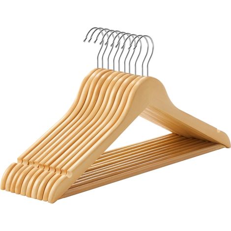Kleiderbügel aus Holz, 9er-Set, mit rutschfesten Einkerbungen, rutschfester Hosenstange, 360° drehbar