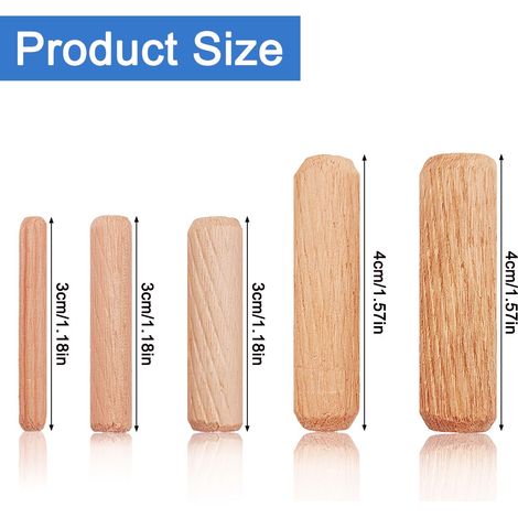 Lot de 30 chevilles en bois dur cannelées assorties M4 M6 M8 M10 M12 pour meubles, travail du bois, loisirs créatifs, menuiserie (5/32 à 1/2", 4/6/8/10/12 mm)