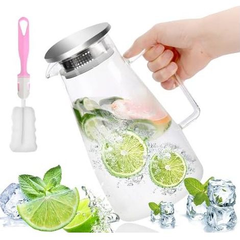 Carafe en Verre, 1.8L Carafe D'eau avec Couvercle et Anse Filtration Fine Cruche A Eau, pour Eau Chaude, Le Thé Glacé, Jus, Café, Lait, Vin (1/5)