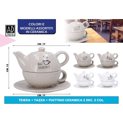 1 Pezzo Teiera con Tazza in Ceramica 2 Colori e 2 Decori Disponibili
