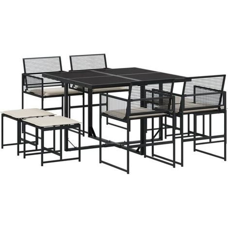 Ensemble table et chaises de jardin 9 pièces avec coussins en résine rotin noire (1/5)