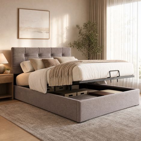 Letto contenitore singolo 90x200 cm con sollevamento idraulico, testiera regolabile, in velluto grigio chiaro, materasso incluso (1/5)