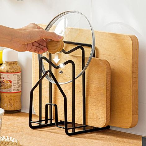 Support de Planche à Découper en Fer Support Porte-casseroles avec 2 Crochets Autocollants Egouttoir Range Couvercles Range Couvercle pour Tiroir Cuisine Assiettes, Couteaux, Livres(Noir) (1/5)