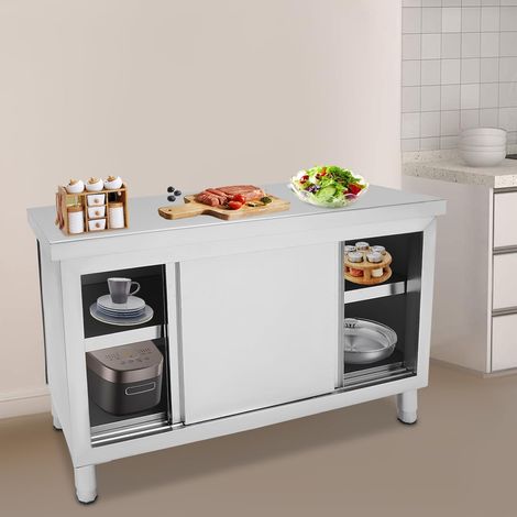 Edelstahltisch Restaurantschrank mit Schiebetüren 120x50x86 cm Arbeitsplatte Edelstahlschrank mit Stauraum für Küchen Garagen Gärten Bars Restaurants