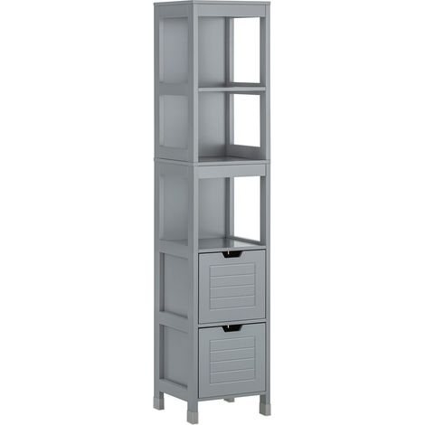 Sobuy – Colonne de salle de bain 30x30x145cm – Bois MDF laqué gris – 4 étagères, 2 tiroirs modulables – Anti-bascule – FRG126SG