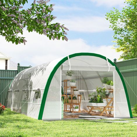 Serre tunnel jardin 18 m² 6x3x2 m 8 fenêtres porte zippée acier galvanisé PE blanc (1/5)