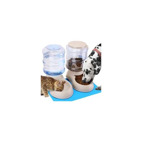 Distributeur Croquettes de Nourriture et d'eau, Fontaine Automatique, Abreuvoir et alimentateur pour Chat/Chien/Animaux Domestiques 3.8L x 2Pièces et Tapis d'alimentation (1/5)