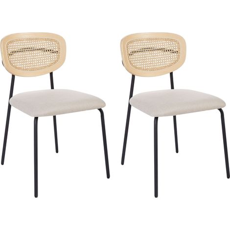 Set di 2 Sedie da pranzo moderne Sgabelli con schienale in rattan a treccia viennese Seduta in poliestere senza braccioli Gambe nere Beige Chiaro Mayetta